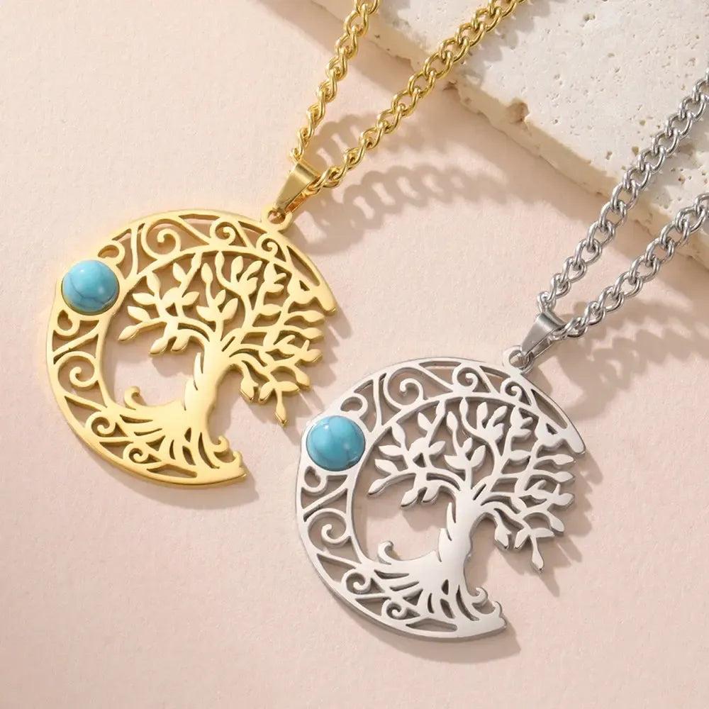 Turquoise Crescent Moon Tree of Life Necklace Celtic Moon Wiccan Jewelry-MoonChildWorld