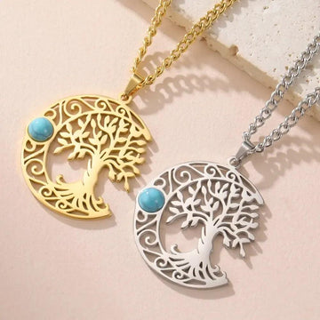 Turquoise Crescent Moon Tree of Life Necklace Celtic Moon Wiccan Jewelry-MoonChildWorld