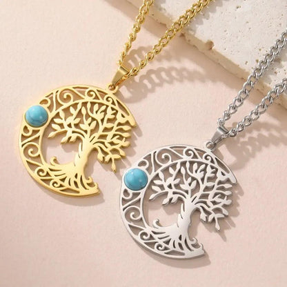 Turquoise Crescent Moon Tree of Life Necklace Celtic Moon Wiccan Jewelry-MoonChildWorld
