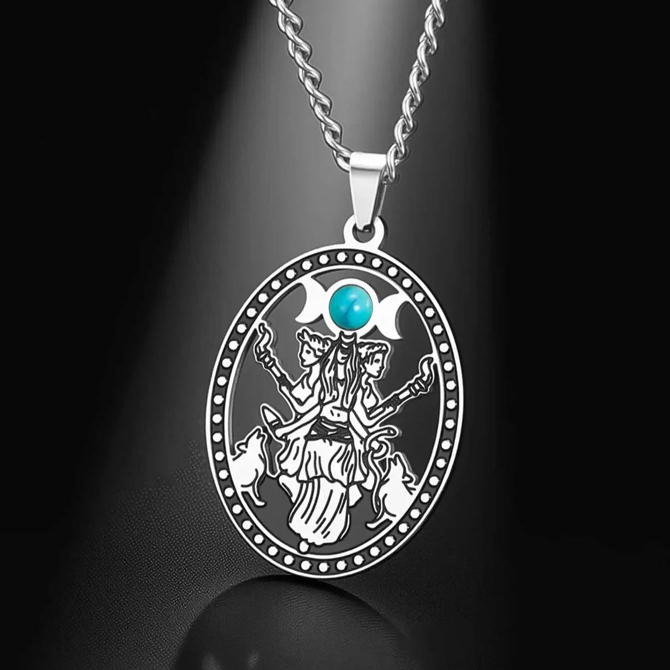 Turquoise Stone Triple Moon Goddess Necklace Hecate Goddess Wicca Necklace Pagan Jewelry-MoonChildWorld