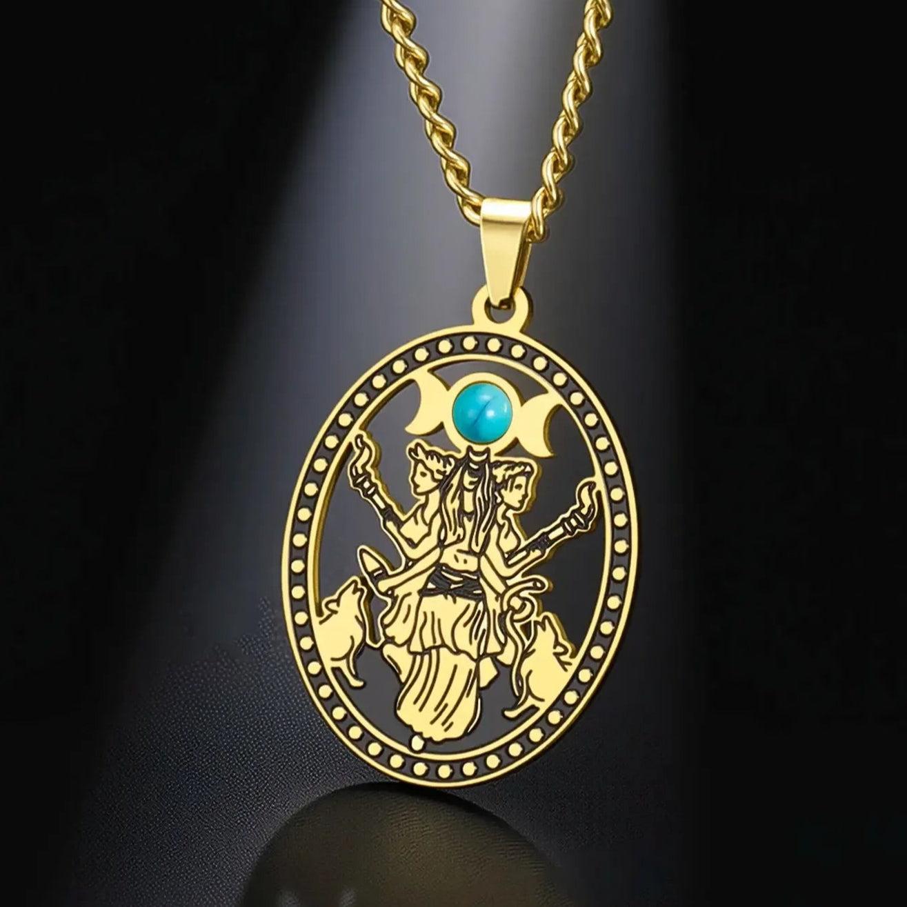 Turquoise Stone Triple Moon Goddess Necklace Hecate Goddess Wicca Necklace Pagan Jewelry-MoonChildWorld