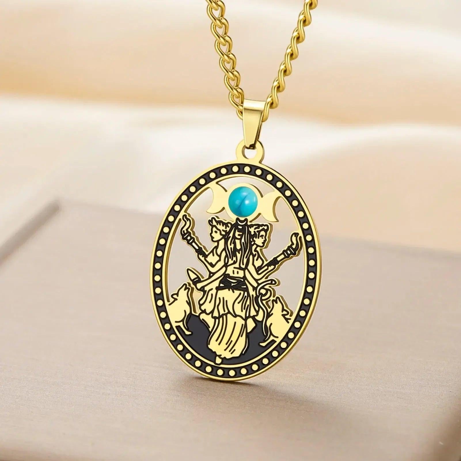 Turquoise Stone Triple Moon Goddess Necklace Hecate Goddess Wicca Necklace Pagan Jewelry-MoonChildWorld