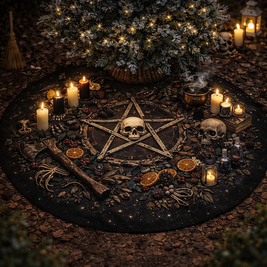 Gothic black velvet tree skirt with a central skull and pentagram, surrounded by witchy Yule decor.