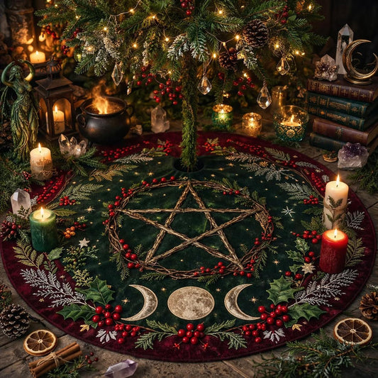 Dark green velvet Pagan Celtic Pentagram Tree Skirt with red trim, triple moon, holly, and berries.
