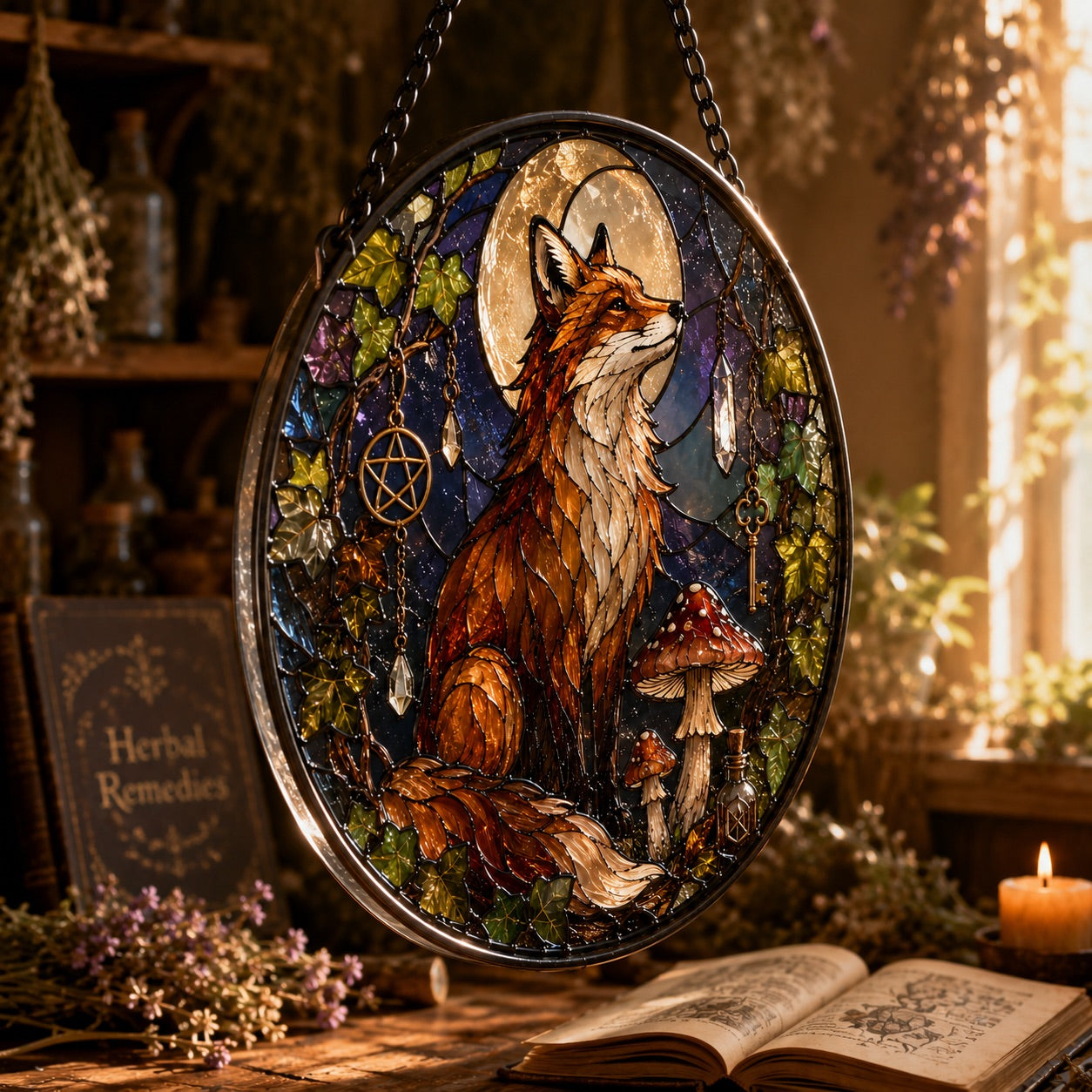 Twilight Fox Moon Mushroom Glass Suncatcher - hanging view
