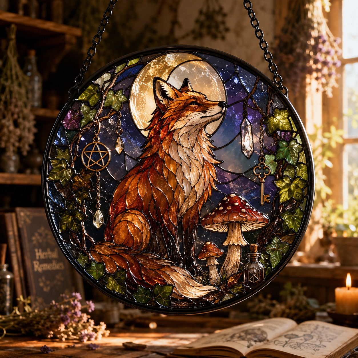 Twilight Fox Moon Mushroom Glass Suncatcher - window display