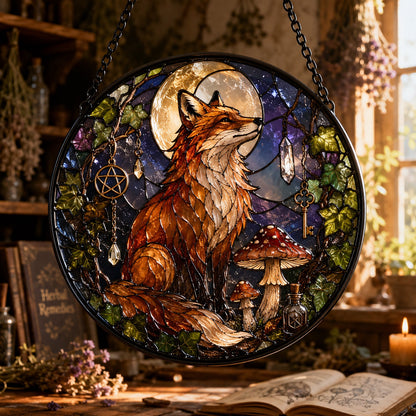 Twilight Fox Moon Mushroom Glass Suncatcher - window display