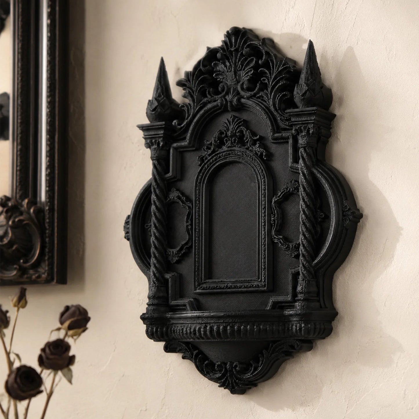 Twisted pillar spire wall shelf – gothic baroque crystal display rack, front view