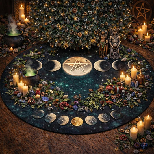 Gothic dark blue velvet tree skirt with glowing moon phases and a central pentagram under a lit Christmas tree.