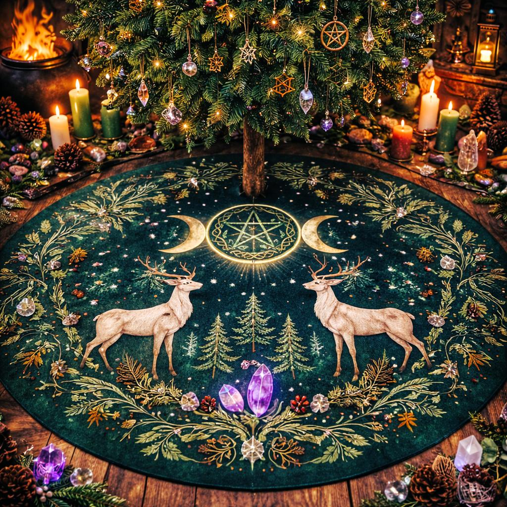 Dark green velvet Yule tree skirt with moon phases, pentacle, two deer, and forest motifs.
