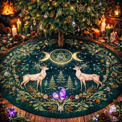 Dark green velvet Yule tree skirt with moon phases, pentacle, two deer, and forest motifs.