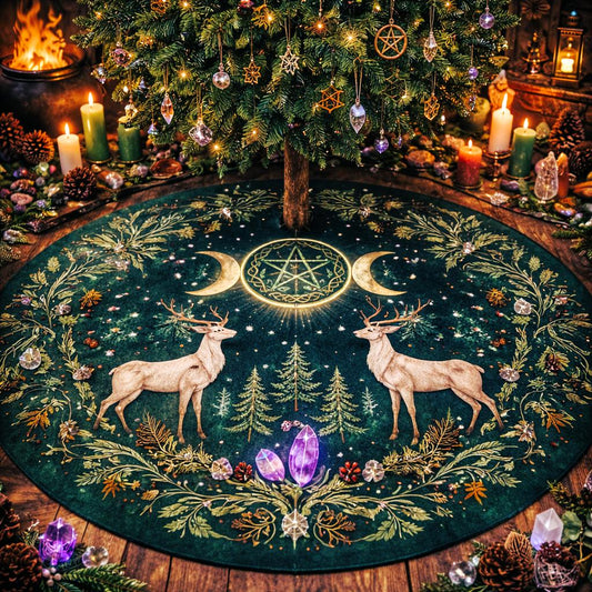 Dark green velvet Yule tree skirt with moon phases, pentacle, two deer, and forest motifs.