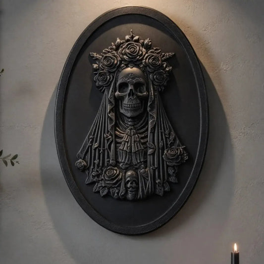 Skeleton bride plaque in a moody room with flowers and candles