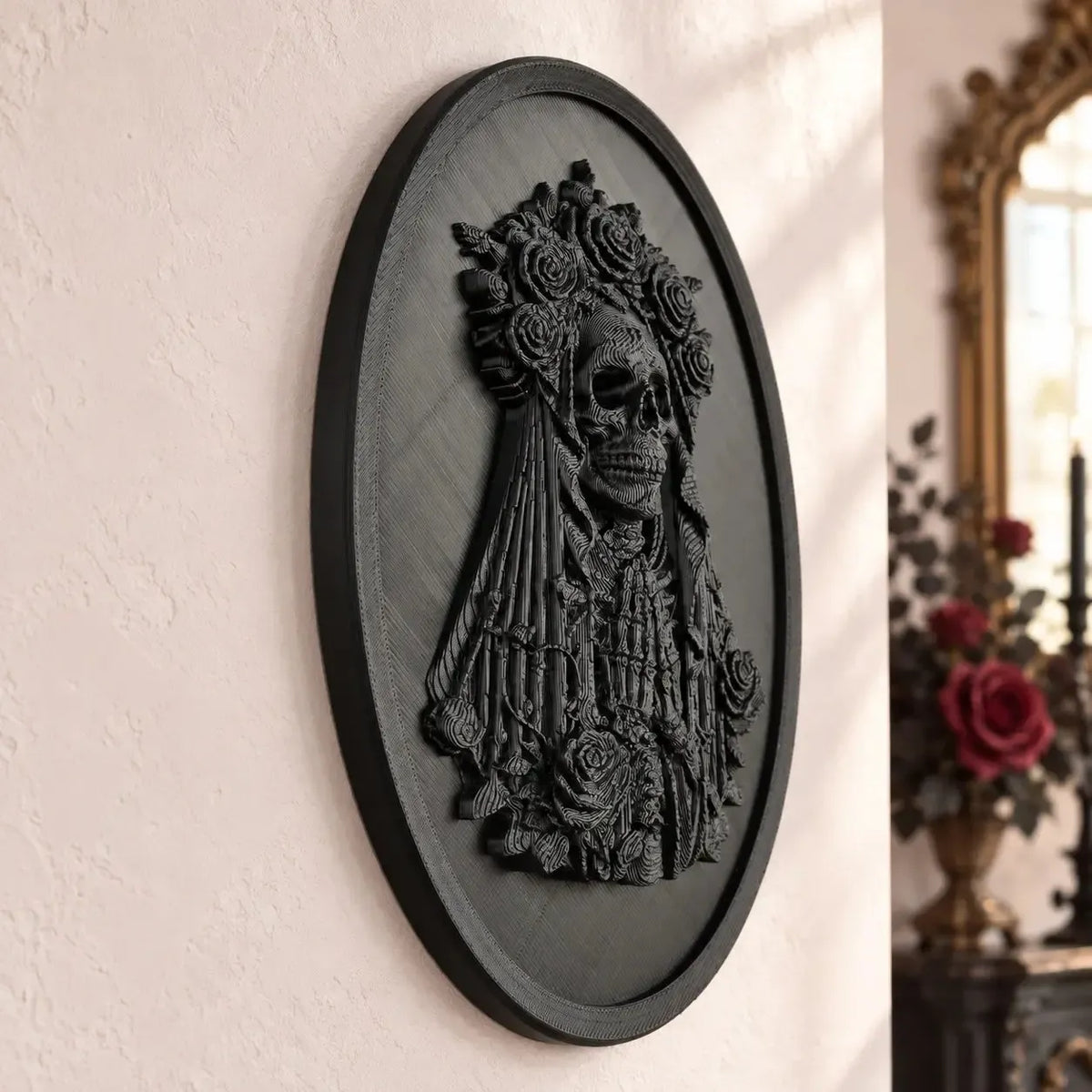 Undead bride wall plaque angled view showing floral crown and veil in a bright gothic room