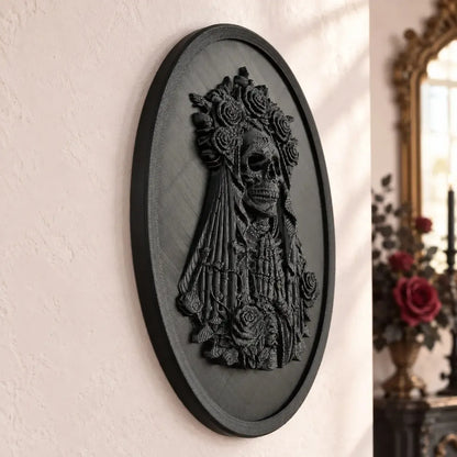 Undead bride wall plaque angled view showing floral crown and veil in a bright gothic room
