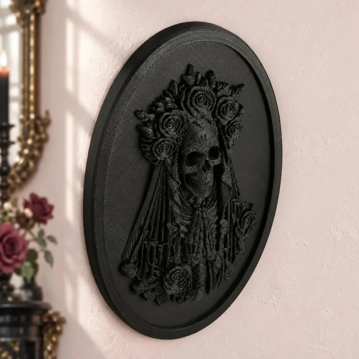Skeleton bride plaque side view showing raised portrait relief in a bright gothic room