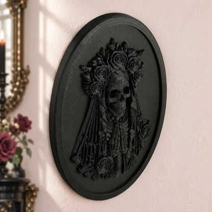 Skeleton bride plaque side view showing raised portrait relief in a bright gothic room