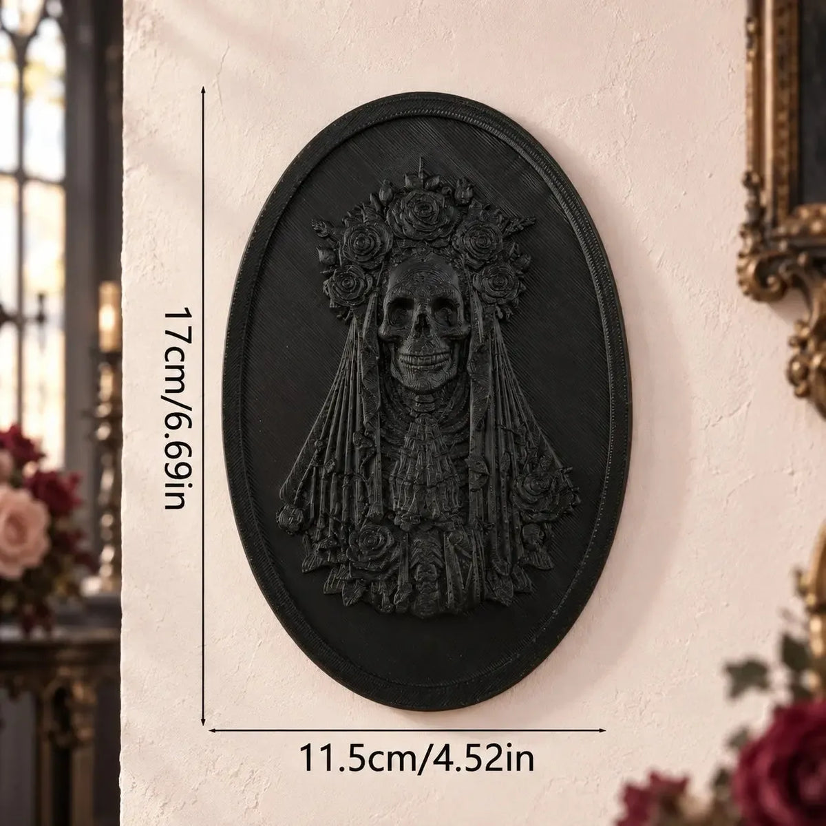 Undead bride wall plaque dimension diagram, 11.5 cm wide and 17 cm high in a bright gothic room