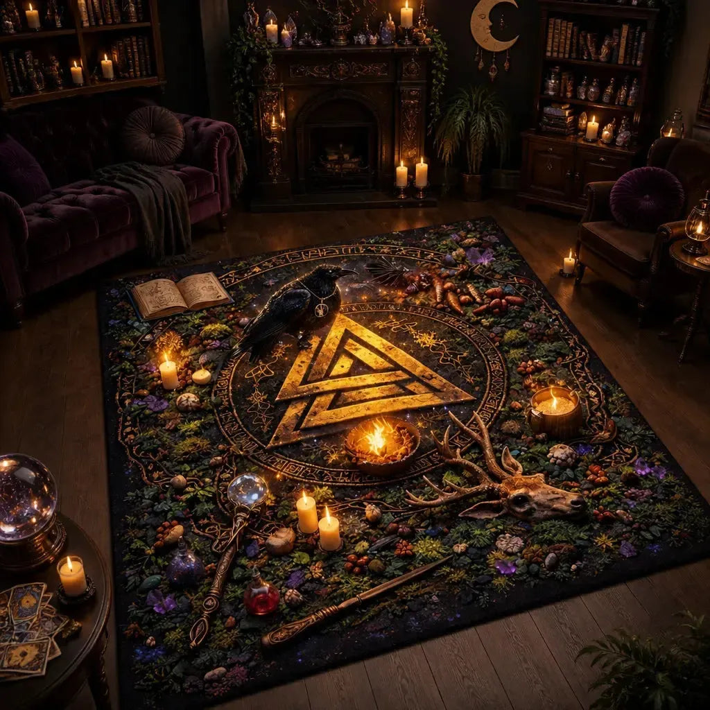 Valknut Raven Area Rug Viking Carpet for Norse Mythology Home Decor_mockup_1.webp