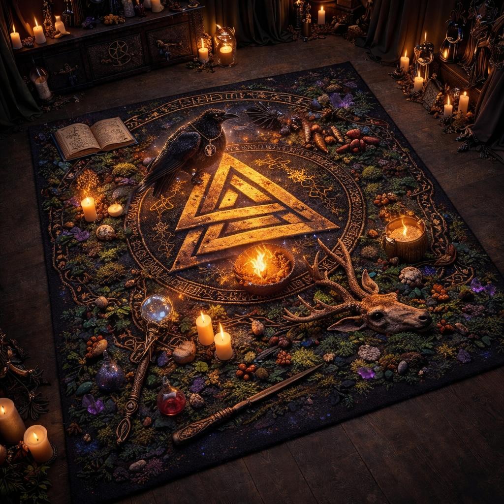 Valknut Raven Area Rug Viking Carpet for Norse Mythology Home Decor-MoonChildWorld