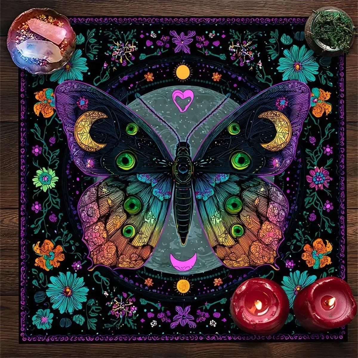 Vibrant Butterfly Moon Tarot Tablecloth Occult Celestial Divination Table Cover For Spiritual Ritual Home-MoonChildWorld