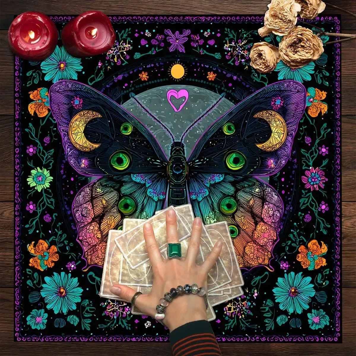 Vibrant Butterfly Moon Tarot Tablecloth Occult Celestial Divination Table Cover For Spiritual Ritual Home-MoonChildWorld