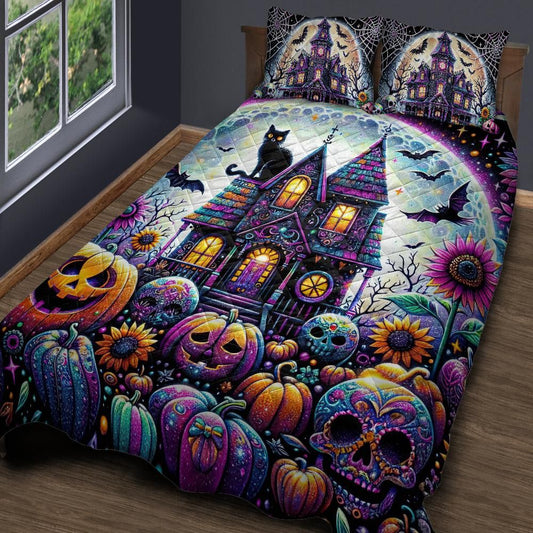 Vibrant Gothic Castle Quilt Bedding Set for Halloween-MoonChildWorld