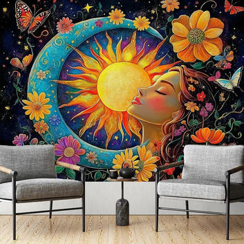 Vibrant Sun Moon Goddess Floral Cosmic Tapestry Bohemian Home Decor Spiritual Meditation Wall Art-MoonChildWorld