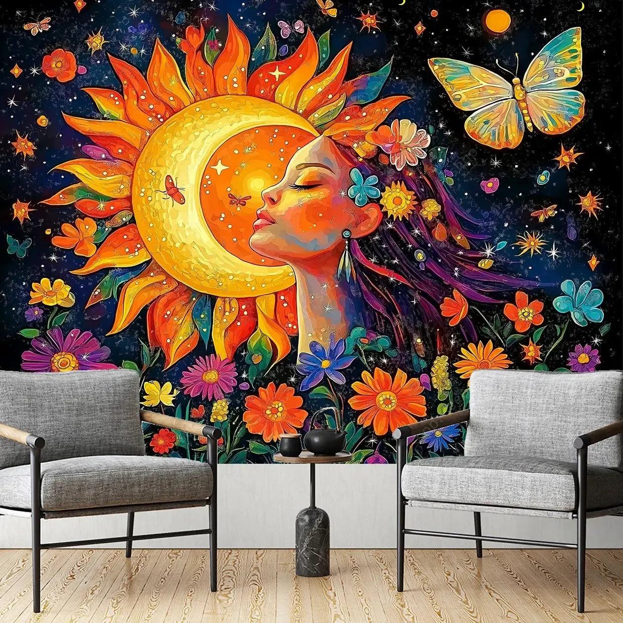 Vibrant Sun Moon Goddess Floral Cosmic Tapestry Bohemian Home Decor Spiritual Meditation Wall Art-MoonChildWorld