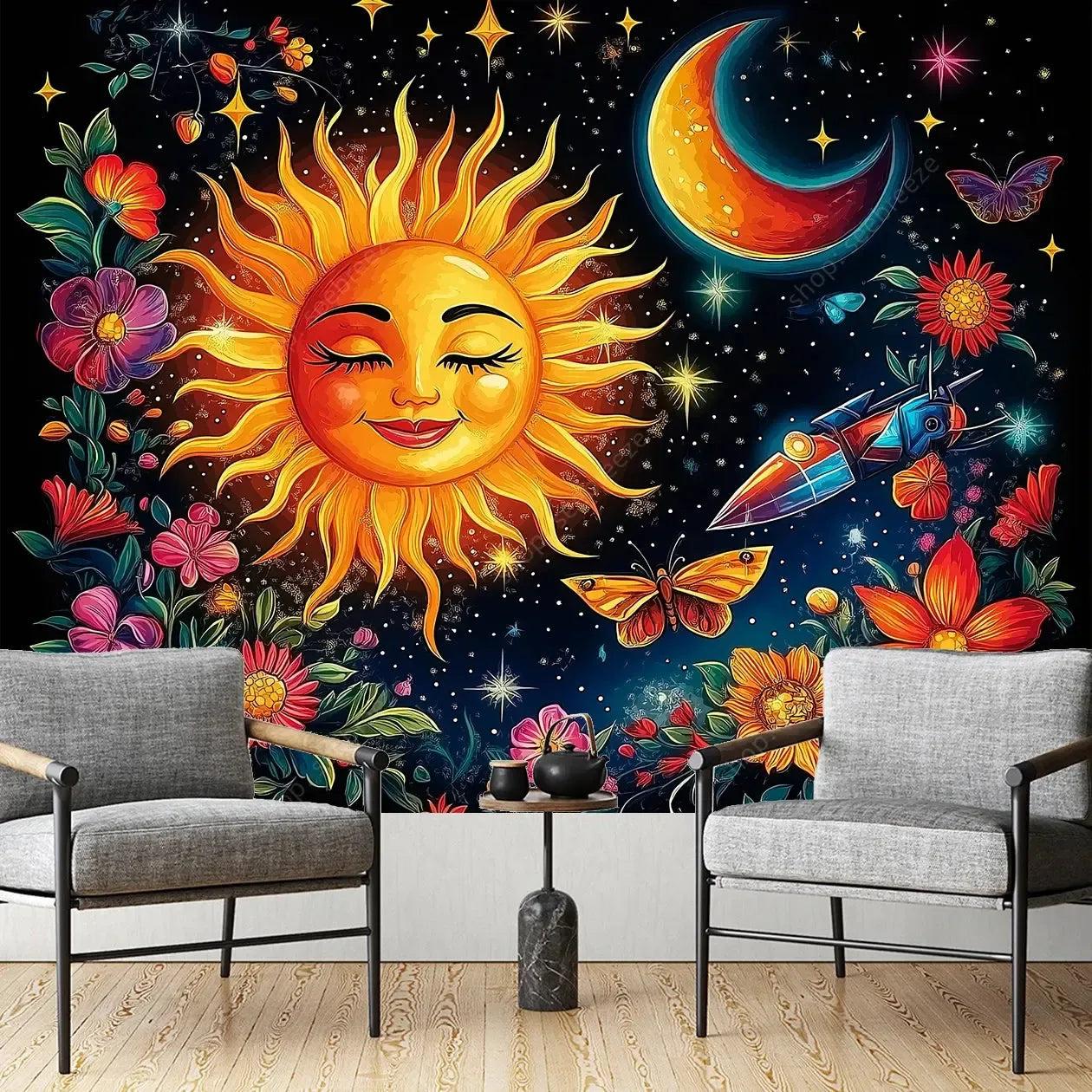 Vibrant Sun Moon Goddess Floral Cosmic Tapestry Bohemian Home Decor Spiritual Meditation Wall Art-MoonChildWorld