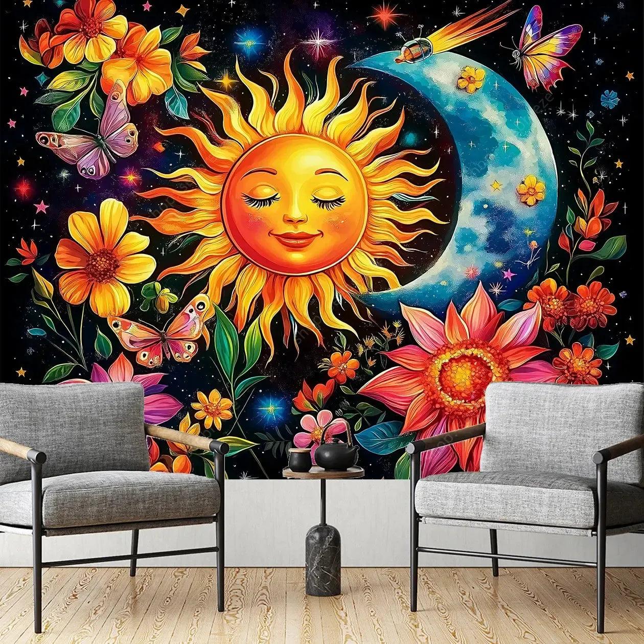 Vibrant Sun Moon Goddess Floral Cosmic Tapestry Bohemian Home Decor Spiritual Meditation Wall Art-MoonChildWorld