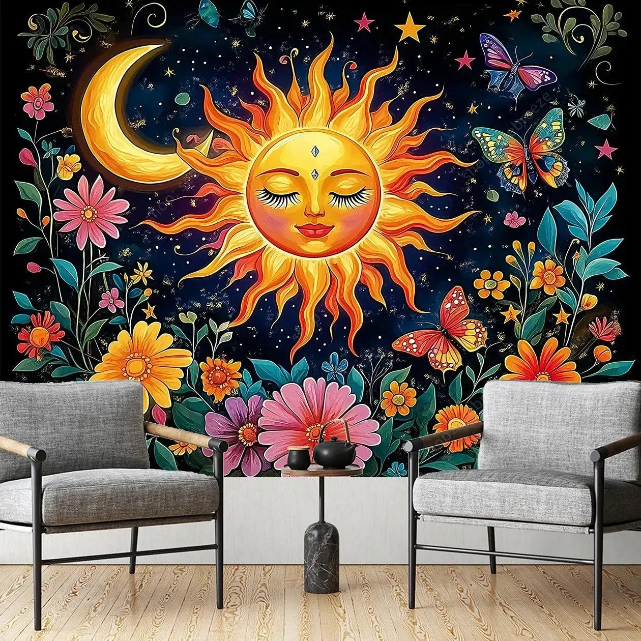 Vibrant Sun Moon Goddess Floral Cosmic Tapestry Bohemian Home Decor Spiritual Meditation Wall Art-MoonChildWorld