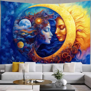 Vibrant Sun Moon Goddess Floral Cosmic Tapestry Pagan Home Decor Spiritual Meditation Wall Art-MoonChildWorld