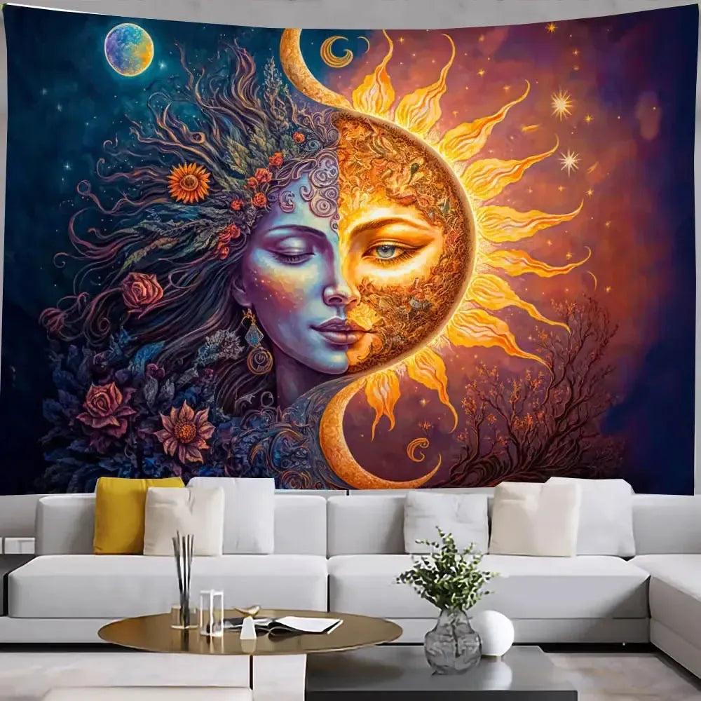 Vibrant Sun Moon Goddess Floral Cosmic Tapestry Pagan Home Decor Spiritual Meditation Wall Art-MoonChildWorld