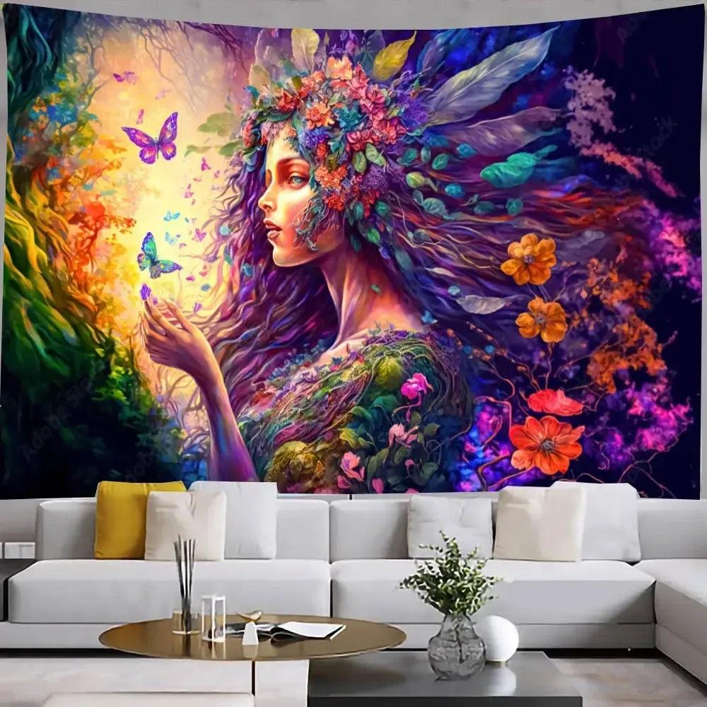 Vibrant Sun Moon Goddess Floral Cosmic Tapestry Pagan Home Decor Spiritual Meditation Wall Art-MoonChildWorld