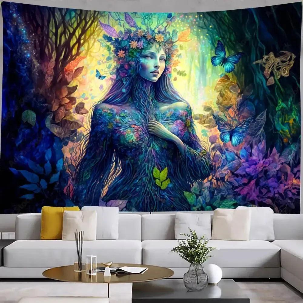 Vibrant Sun Moon Goddess Floral Cosmic Tapestry Pagan Home Decor Spiritual Meditation Wall Art-MoonChildWorld