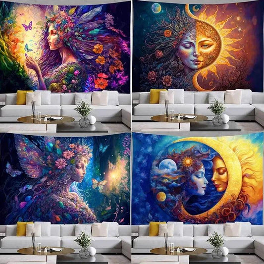 Vibrant Sun Moon Goddess Floral Cosmic Tapestry Pagan Home Decor Spiritual Meditation Wall Art-MoonChildWorld