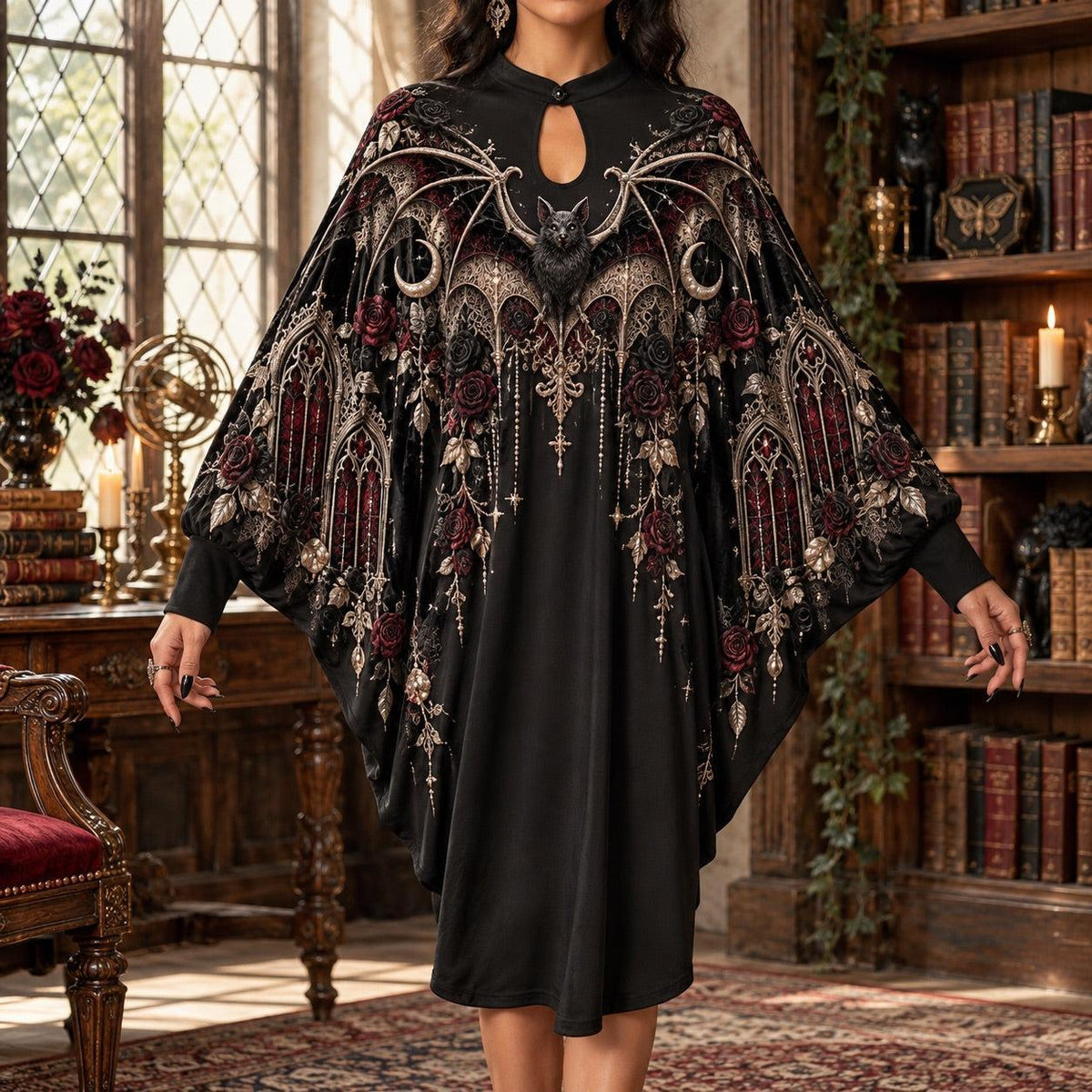 Victorian Bat Gothic Batwing Dress – Rose Window Witchy Crescent Midi – worn, front view