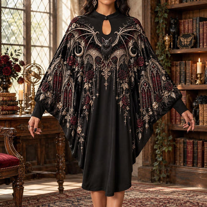 Victorian Bat Gothic Batwing Dress – Rose Window Witchy Crescent Midi – worn, front view