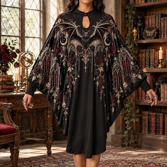 Victorian Bat Gothic Batwing Dress – Rose Window Witchy Crescent Midi – worn, front view
