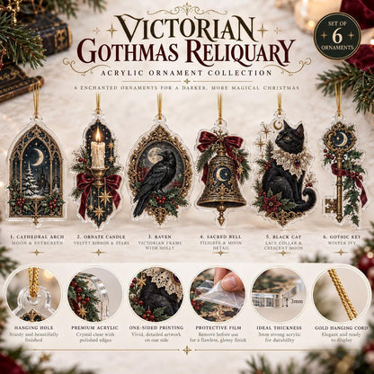 Victorian Gothic Christmas Acrylic Ornament Set – Raven Gothmas Decor – ornament size and details
