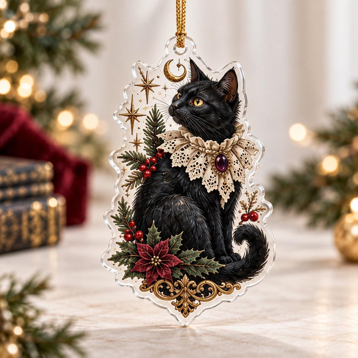 Victorian Gothic Christmas Acrylic Ornament Set – Raven Gothmas Decor – Lace Collar Cat ornament