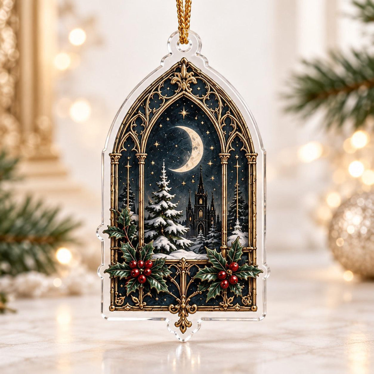 Victorian Gothic Christmas Acrylic Ornament Set – Raven Gothmas Decor – Cathedral Arch Moon ornament