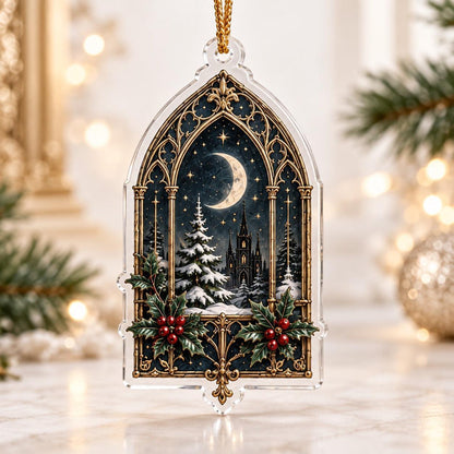 Victorian Gothic Christmas Acrylic Ornament Set – Raven Gothmas Decor – Cathedral Arch Moon ornament
