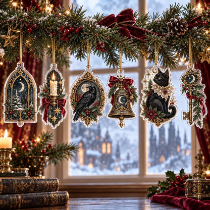 Victorian Gothic Christmas Acrylic Ornament Set – Raven Gothmas Decor – set of 6, another view