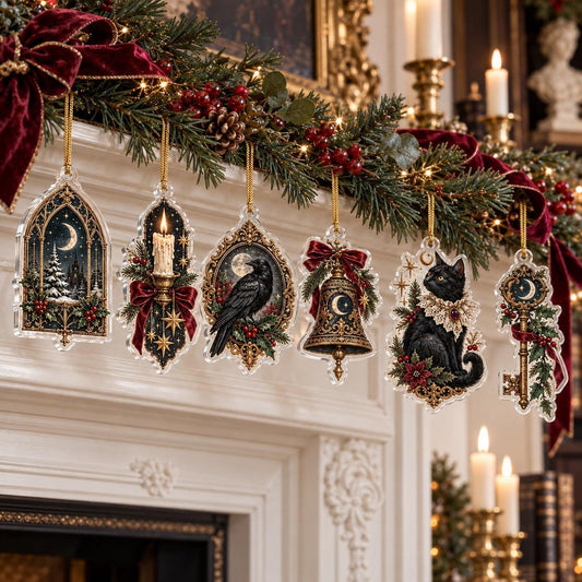 Victorian Gothic Christmas Acrylic Ornament Set – Raven Gothmas Decor – set of 6, another view