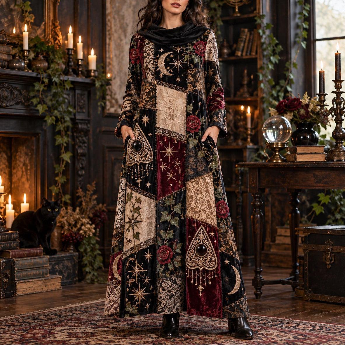Victorian Spirit Board Gothic Cowl Neck Dress – Witchy Planchette Maxi – worn, front view