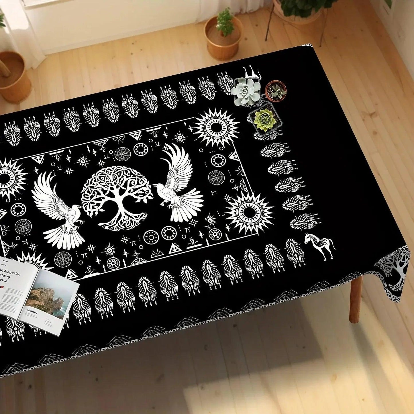 Viking Celtic Symbol Raven and Tree of Life Tablecloth Norse Pagan Mythology Table Cloths-MoonChildWorld