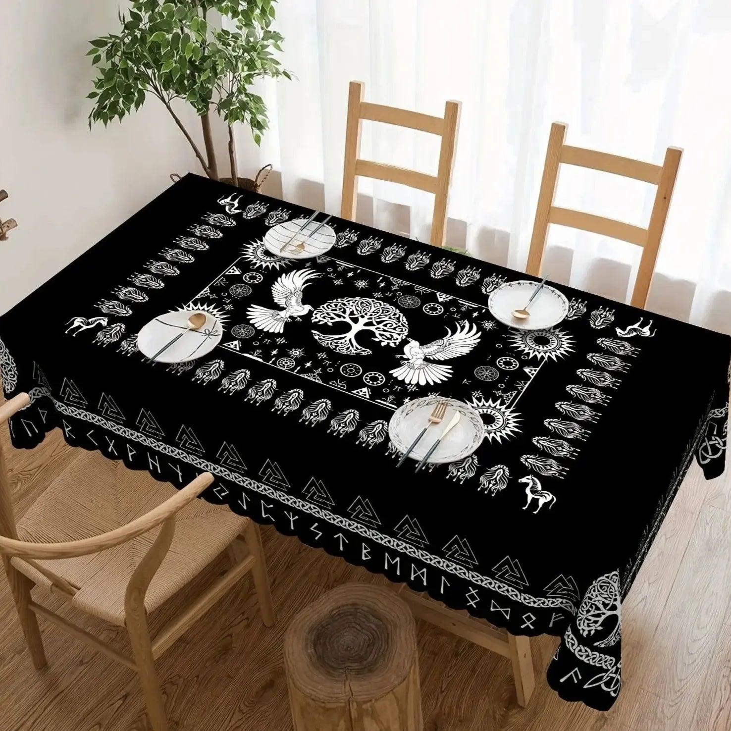 Viking Celtic Symbol Raven and Tree of Life Tablecloth Norse Pagan Mythology Table Cloths-MoonChildWorld