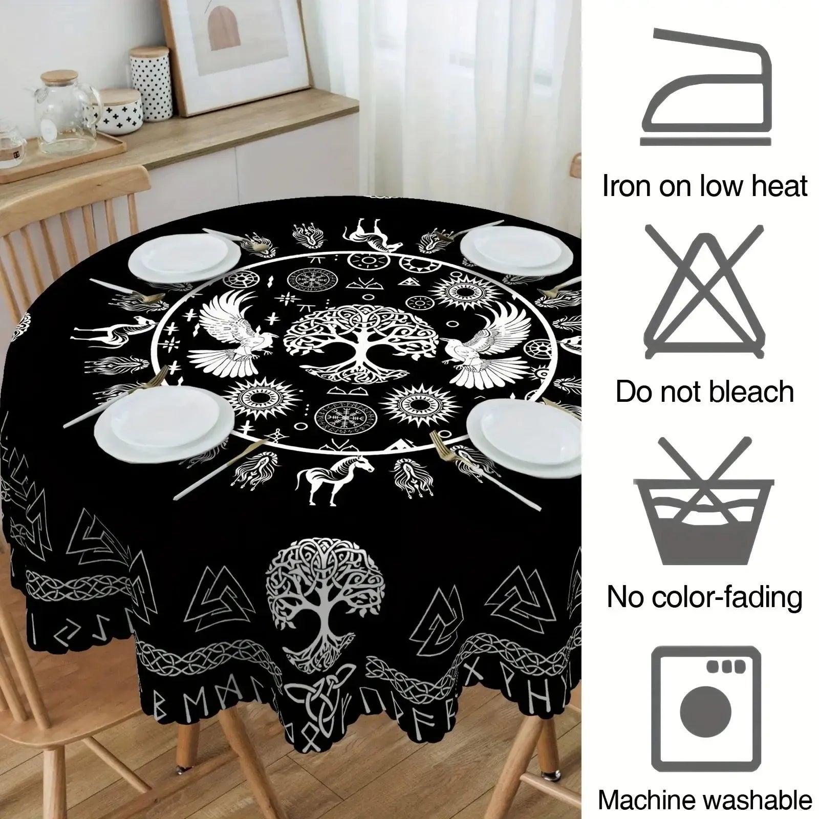 Viking Celtic Symbol Raven and Tree of Life Tablecloth Norse Pagan Mythology Table Cloths-MoonChildWorld